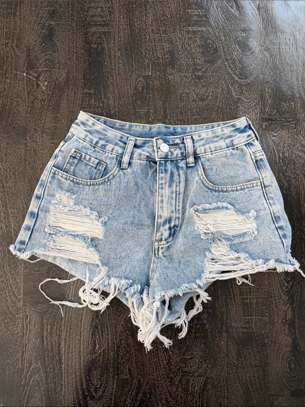 SHEIN Light Blue High-Rise Distressed Denim Shorts